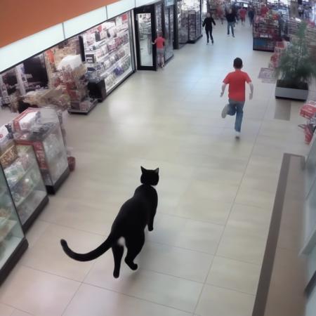 cctvfootage, aerial view, footage from a security camera, a gigantic supersized cat, chasing childrens running away in the mall <lora:SDXL_CCTV:1> BREAK the cat is really enormous, taking almost all the space