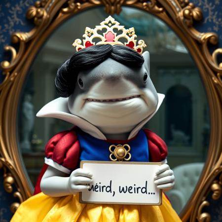 Chanel-haired hammerhead shark dressed as Snow White. The entire screen has finishes that resemble the magic mirror from the story. Snow White's house background. He holds a sign that says "weird, weird...".