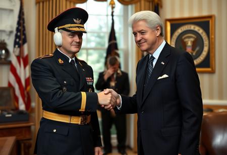 classic cobra commander in an immaculate military dress uniform posing for photo shaking hands with president clinton of the united states in sharp suit inside the oval office, real photograph, infusion of gi joe and ww2 german style, photorealistic, correct hands, correct fingers, presidential seal, vote button, campaign photo, election, elegant scene, cobra tattoo, cobra insignia