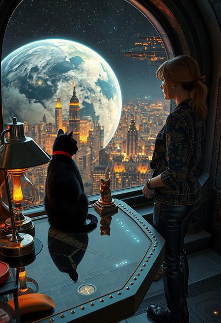 A sleek black cat with red collar sits on a cluttered metal riveted desk with transparent top and micro-LED lighted computer components visible inside, On the desk is a gold and lacquer maneki neko statue and an art deco glass and metal lamp, the Black Cat is looking out of a seamless and futuristic floor to ceiling window that looks out at a planet from low orbit, the planet is covered with the lights of enormous buildings and cities, a beautiful woman, 24 years old, is standing next to the desk the cat is sitting on and looking longingly out the window, the woman is dressed in an ornate Japanese style shirt and elegant leather pants with an ornate design. An enormous deco starship with futuristic lighting and an enormous space station are visible in the background among the stars, The woman's hair is messy from just waking up and tied up with a ribbon.  Artistic art deco, dynamic perspective, overall architectural aesthetic is Art Deco Cyberpunk.  Epic image that elicits a feeling of wonder and awe,