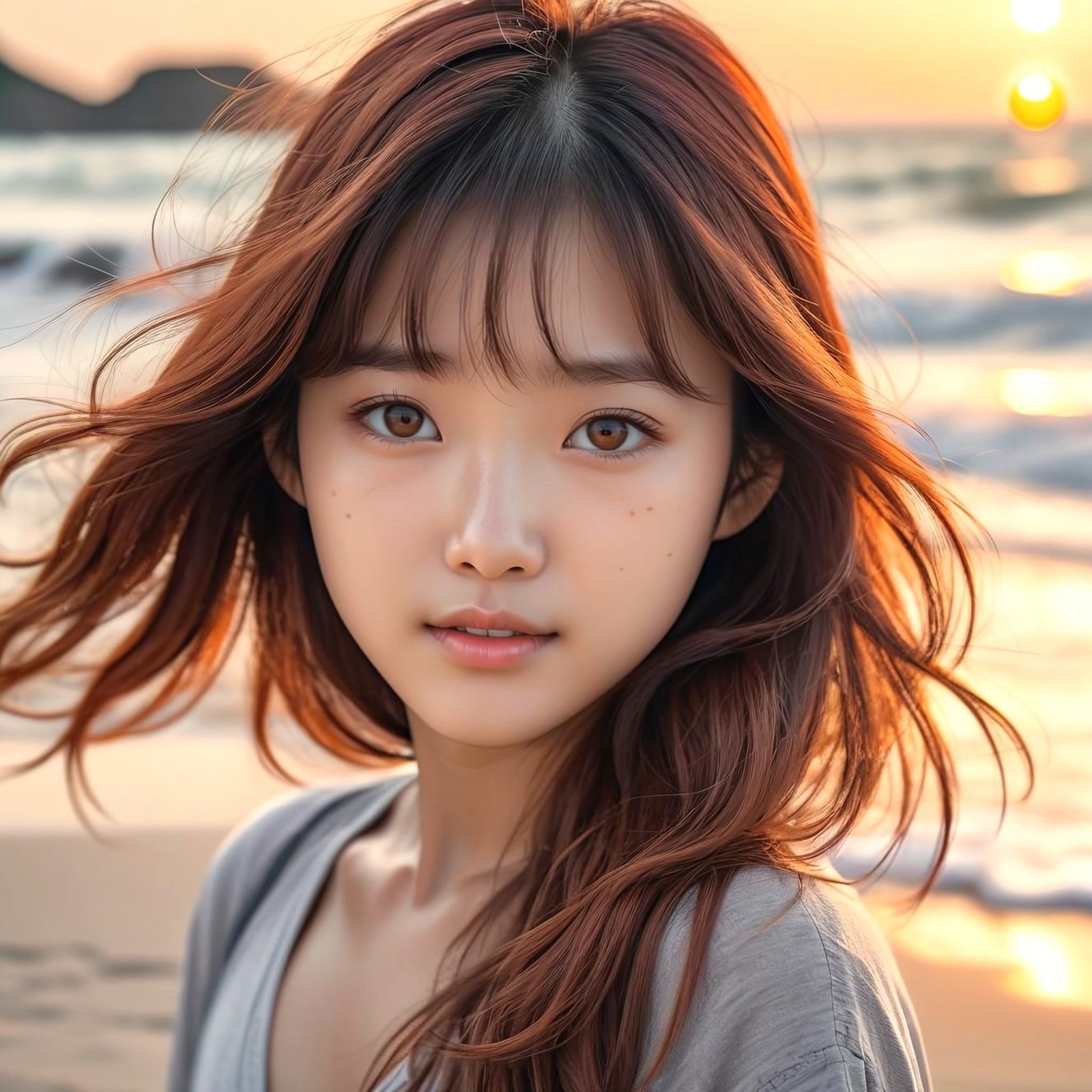 dslr photo, sharp, a korean girl, delicate skin texture, skin grain, buff skin, light grey eyes , copper brown beach waves...