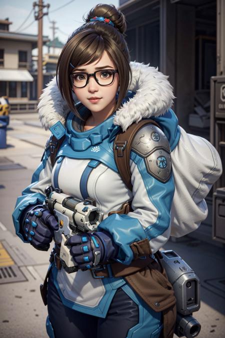 MeiOver, 1girl, mei (overwatch), brown hair, glasses, solo, hair ornament, weapon, single hair bun, gun, black-framed eyewear, hair bun, hair stick, firing, smile, short hair, fur trim, blue eyes, coat, winter clothes, robot, gloves, winter coat, fur coat, belt pouch, parka, upper body, utility belt, holding weapon, belt, hairclip, handgun, pouch, jacket, holding, energy gun, parted lips, lips
<lora:epi_noiseoffset2:1>,  <lora:MeiOver:0.7>