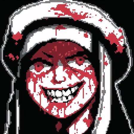 <lora:hcnone:1>, hcnone,  pixel art, blood, blood on face, face, grin, hat, monochrome, smile, solo