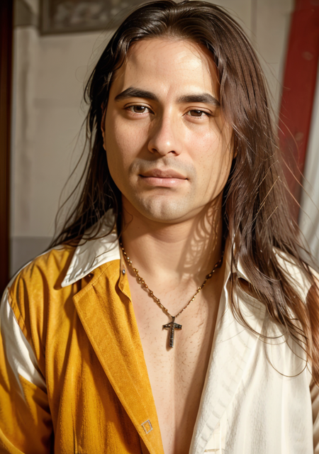 AndreMatosQuiron person, perfect body, wearing a unique blend of majesty,  exceptional attention to detail,  luxurious fibers, a vibrant color palette of yellows,  and rich, red oranges, inside winter cottage house, (look at viewer:1.1), (high quality face:1.1), (high detailed face skin:1.1), (realistic lighting:1.3), (beautiful moles and freckles:0.2), (film noise:1.4), (film grain:1.4), cinematic,   realistic skin,      <lyco:quiron_AndreMatos_v3_lycoris:0.8>