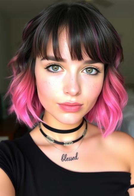 The woman in the image has short, wavy hair that transitions from dark roots to a vibrant pink color. She has a straight fringe that covers her forehead. Her makeup is well-applied, with defined eyebrows, eyeliner, and a natural lip color. She has light skin with visible freckles on her face, giving her a youthful appearance. She is wearing a black choker and a chain necklace, along with a black top that has a subtle dotted texture. A small tattoo on her chest reads blessed