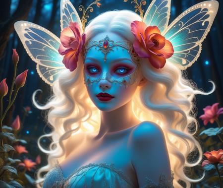 Style-PaintMagic, high quality, 8K Ultra HD, cowboy shot, close up, masked fairy woman, (beautiful and sexy Bioluminescent girl with a slim figure:1.2), (wearing a porcelain venetian mask:1.8),  (albino, porcelain skin, colored skin, pale skin, stark white skin:2), red eyes, beautiful flowing Bioluminescent flowers forming a beautiful girl, Bioluminescent hair, full depth of field and realistic textures, arms up, colorful multicolored pixy wings from back, tiara, neon, glowing, floating particles, (fractal art:1.4), vimes. night, enchanted forest, flowers, firefly, (detailed background:1.3), wholesome, (rating_explicit), <lora:add-detail-xl:0.8>  <lora:picxReal_10:0.8>, detailed skin texture, (blush:0.2), (goosebumps:0.3), subsurface scattering, dry skin, fuzzy skin