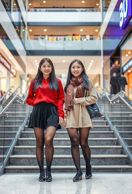 two happy, super beautiful 20 years old Chinese girls standing on the stairs of a shopping mall, wearing pantyhose, full people portrait, ultra quality, hires, photorealistic, outdoor background,