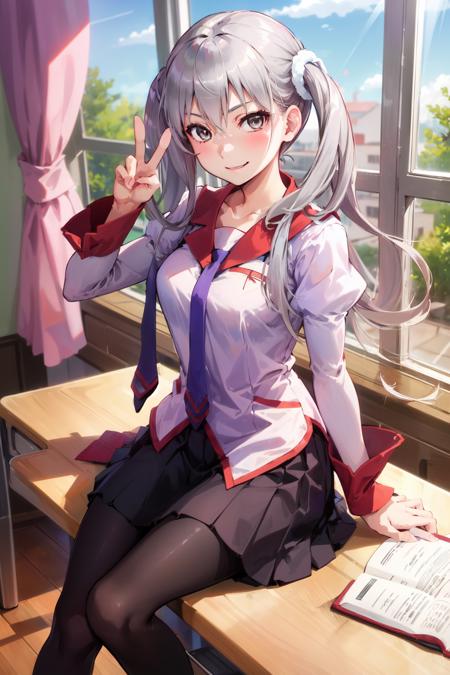 1girl, solo, smile, v, peace sign, looking at viewer,
oikurasodachi, grey eyes, school uniform, naoetsu high school uniform, necktie, skirt, juliet sleeves, black pantyhose,
school classroom, sitting,  cowboy shot,
<lora:oikura-sodachi-08:0.7>