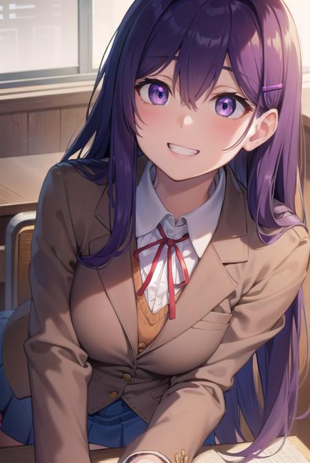 ddlcyuri, <lora:ddlcyuritest:1>,
ddlcyuri, hair ornament, hairclip, long hair, (purple eyes:1.1), purple hair, grin, smile, hair over eyes,
BREAK blazer, blouse, blue skirt, jacket, (brown jacket:1.5), miniskirt, neck ribbon, ribbon, school uniform, shirt, skirt, white shirt, wing collar,
BREAK looking at viewer,
BREAK indoors, classroom,
BREAK <lora:GoodHands-vanilla:1>, (masterpiece:1.2), best quality, high resolution, unity 8k wallpaper, (illustration:0.8), (beautiful detailed eyes:1.6), extremely detailed face, perfect lighting, extremely detailed CG, (perfect hands, perfect anatomy),