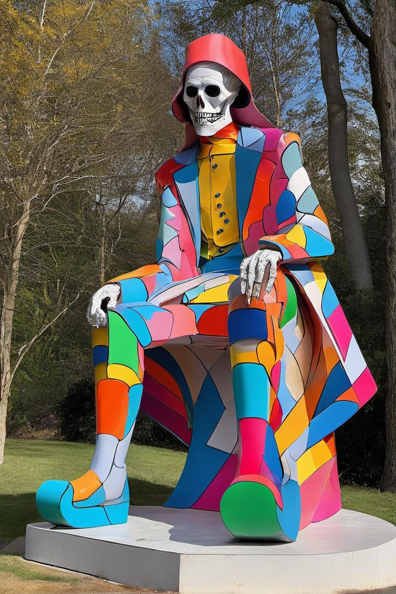 Colorful Skeleton Statue Sitting on a Colorful Chair in a Park
