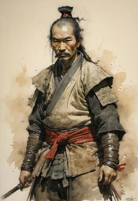 samurai, by Howard Pyle, (dim, Watercolor 2 but extremely beautiful:1.4), (intricate details, masterpiece, best quality:1.4) , in the style of nicola samori, Japanese Style Ink Drawing, ink drawing, ink-wash, Japanese Style Ink Drawing,, looking at viewer
