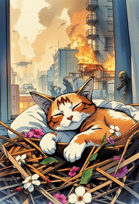 Paint a serene yet dynamic watercolor scene in the Flux art style, where a sleeping cat is *fully nestled within a pile of straw and flowers*. The cat’s body, rendered in soft, car color orange, brown, white with a black M in his forehead, in a soft pillow near to a building window, inside an apartment, outside a city in chaos, zombie invasion, cars in fire,
running away from the zombies,