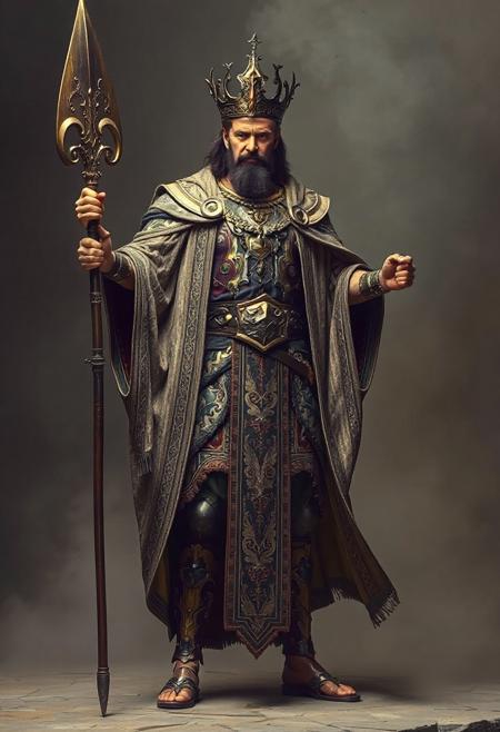 king solomon in intricate ornate ancient robes with power staff, 40 yr old male , superheroic pose