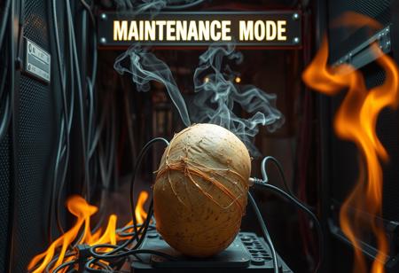 a potato with wires connected to it, smoking, with a sign above that says "MAINTENANCE MODE", in a server room with wires running everywhere, flames, smoke, photo realistic, realistic textures