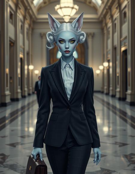 cinematic style, beauty, realism, photorealism, chiaroscuro, high quality, 1girl, pale dusky blue skin, facial markings like whiskers, white cat ears and a white cat tail, pronounced fangs, white hair in two large ringlets, a female miqote with a petite build, bright yellow eyes, cinematic photo a sophisticated lawyer in a sharp, tailored suit, walking confidently through the grand halls of a courthouse, briefcase in hand and heels clicking against the marble floor. 35mm photograph, film, bokeh, professional, 4k, highly detailed