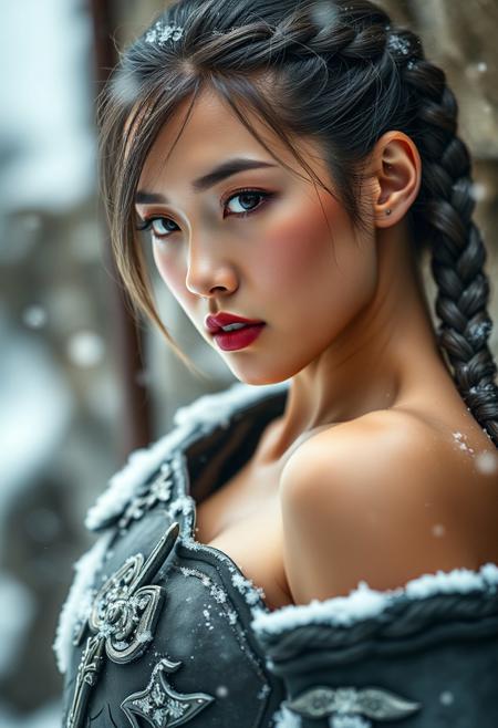 Photo-shoot, of a sexy young beautiful  japanese model with Sculpted and graceful body , ( Classic Hollywood makeup style) ( Tight French braid hairstyle , Gunmetal gray hair_color ) (barbarian iron armour) , Blizzard conditions weather , TTL lighting, shot with Sony Alpha A9 Mirrorless camera,  dynamic angle, cinematic, Depth of field, bokeh, best_quality, cinematic, light particles, highly_detailed, very_aesthetic, beautiful_and_aesthetic, top_quality, hyperrealistic, photorealistic, ultra detail, curves, sexy,  Ultra realistic, masterpiece. 8k, HDR,absurd_res, hi_res, detailed face, highly detailed, very aesthetic, Cinematic, absurdres, RAW, source_photo, high quality photography, ,realistic, real life,