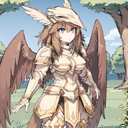 griffy there is a female harpy, 1girl, solo, armor, brown hair, nature background, wings, blue eyes, gauntlets, helmet, outdoors,