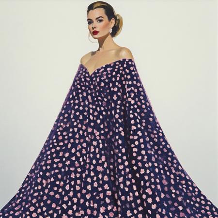 A vibrant abstract dario painting of a, light-skinned woman, likely in her twenty, is featured in a fashion editorial. She is positioned slightly off-center to the left side of the image.  Her pose is dynamic, with a slight turn of the body, and her head is tilted slightly upward. She is wearing a long, flowing gown with a dramatic, magenta-toned cape-like overlay that drapes around her. The gown itself is a white-and-black patterned design, featuring intricate, detailed floral motifs in shades of deep pink and red. The dress appears to be made of a shimmering fabric, with an interesting mosaic-like texture in the white sections. The fabric and patterns of the dress evoke a sense of rich craftsmanship. Her hair is styled in a high, voluminous 1950s-inspired bouffant. Her facial expression is neutral and elegant. The background is a dark, almost navy blue, creating a stark contrast with the vibrant colors of the dress and cape. The lighting is dramatic and highlights the woman's features and the design details of her gown, which captures a sense of motion and fluidity. The overall style is fashion-forward and sophisticated, suggestive of a high-end fashion magazine shoot.