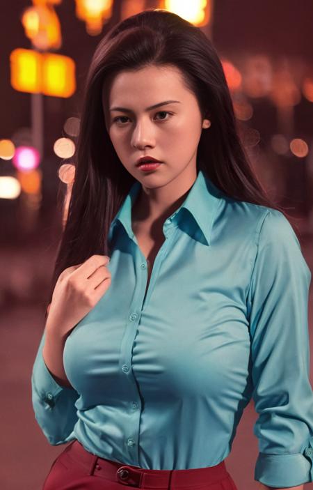 bestquality, masterpiece, highres, lady, Real skin, 4K,Shirt, chiaroscuro, depth of field, cinematic lighting, drop shadow, anaglyph,Lens spot, City night