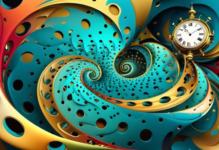 Salvador Dali style of a swirling vortex of clocks, each one representing a different moment in time, creating a beautiful yet chaotic illusion. abstract vector fractal, wave function, Zentangle, 3d shading. high color detailed illustration, masterpiece. deep color