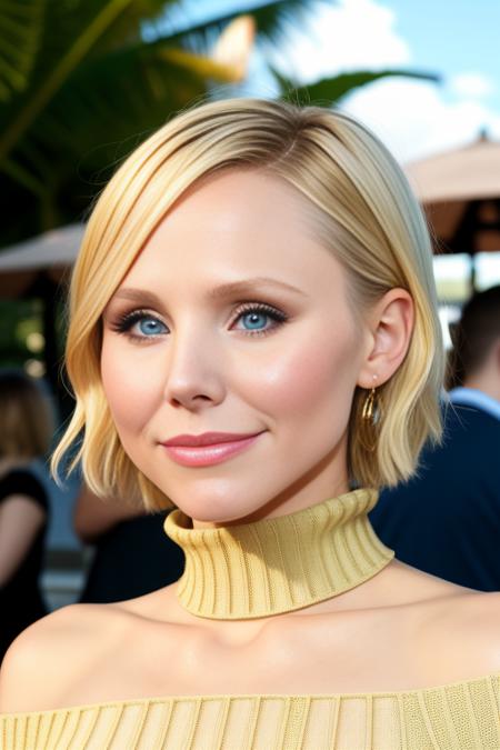 piercing eyes, looking straight, a sexy kristenbell, happy, short salon hair, wearing an off-shoulder sweater, choker, closeup portrait, in a outdoor cafe in 2015, afternoon light,  <lora:KristenBell:0.9>