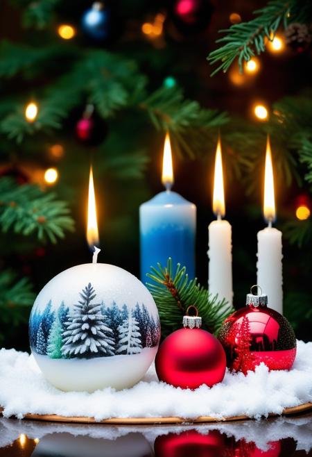 three Christmas candles with snowy fir trees painted on top, Christmas balls at the bottom of the candles, in the background a crystal ball and connifer forest