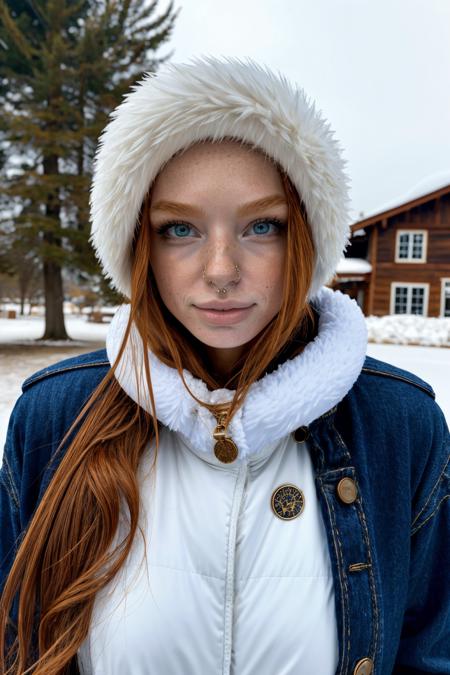 myfoxyland, a woman wearing winter clothes, snow, nose piercing  <lora:myfoxyland:1>