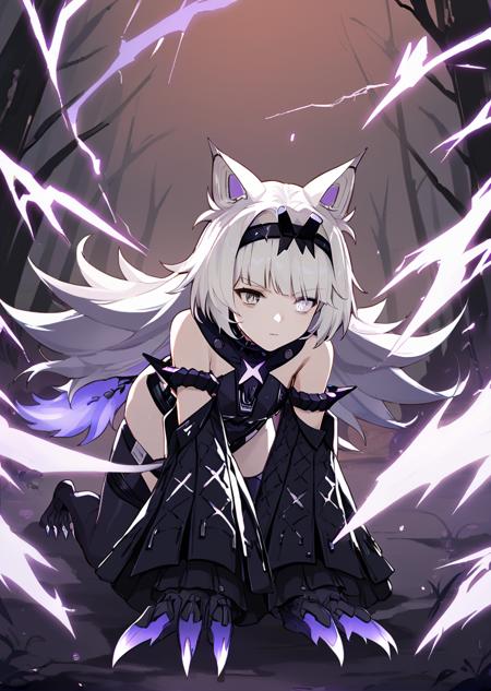 21feralscent, white hair, wolf ears, long hair, black hairband, grey eyes, heterochromia, black leotard, black collar, black sleeves, spiked armlet, hip straps, black thighhighs 21misc claw \(weapon\), purple lightning