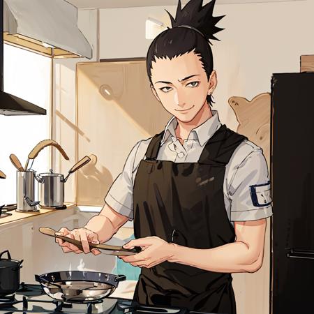 nara shikamaru, 1boy, solo, upper body portrait,kitchen background, making dinner, cooking, cabinets, stove, smiling