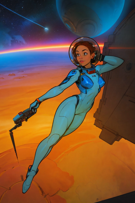 masterpiece, best quality, cartoon with artistic composition of a beautiful female astronaut wearing a skintight space suit floating in space on zero gravity, the planet mars is visible on the background