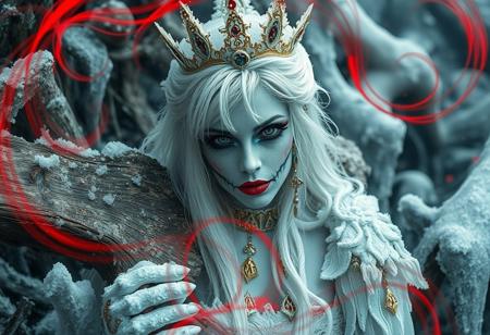“A hyperrealistic depiction of an ice princess with an eerie ambiance, wearing heavy gothic makeup, set in a rotten and decayed world. The scene is intricate with frost-covered elements, blending a fantasy horror concept with a dark fairytale wonderland background.  A rotten writing in wood reads ‘a buzz 4 the Queen?’. Red and acid green color twirls swirl through the scene, adding an ominous and sinister touch. The white and gold color palette contrasts sharply with decayed, rotting surroundings and the red and green accents, creating a haunting atmosphere. The image uses a 12mm lens effect to enhance depth and distortion, with sharp contrasts, deep shadows, and an ultra-detailed photorealistic style. The ice princess appears both enchanting and terrifying, emanating mesmerizing visual storytelling in a chilling, frost-bitten, and decayed environment.