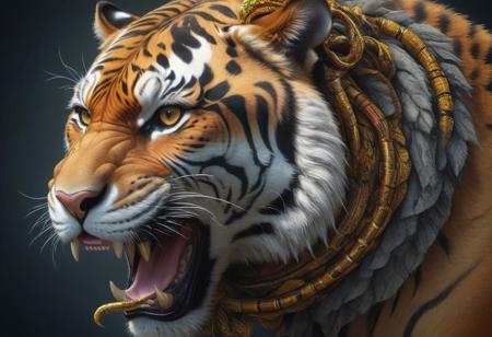 JuggernautNegative, <lora:xl_yamer_style-2.0:1>"Produce a stunning UHD 4K digital artwork featuring a majestic tiger with a snake wrapped around its neck. Create a vibrant and highly detailed art piece, utilizing rich colors and intricate details to portray the sacred and powerful presence of the tiger. Render the artwork in a highly detailed vector art style, emphasizing the interaction between the tiger and the snake, showcasing their contrasting yet harmonious relationship. Focus on striking details and bright colors to bring depth and intensity to this captivating 4K digital artwork."
