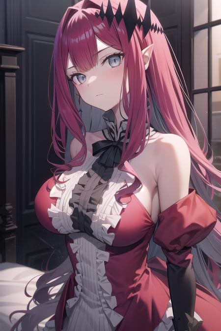 baobhan sith, (grey eyes:1.5), long hair, pink hair, pointy ears, cross-laced clothes, cross-laced dress, cross-laced legwear, detached sleeves, dress, pink dress, frilled dress, frills, hair ornament, red ribbon, red sleeves, ribbon,