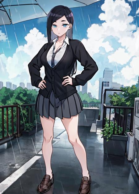 ((masterpiece)), (best quality:1.7), (detailed:1.4), (high res:1.4), 8k, 2d, high resolution, sharped image, 4k, hd, 1girl, (((solo))),  toyoda_(yancha gal), black, hair, long hair, school custome, balck eyes, full body, cleavage, standing, sharped eyes, teasing, standing, medium breasts, black skirt, bare legs, school shoes, city, clouds, sky, rain, open legs, black cardigan, peluche, grey tones, tie, ((hands on own hips)), collarbone, looking at viewer, big hips, curvy body, large legs, pleated shirt, <lora:toyoda-san:0.6>, <lora:thickerLinesanimeStyle:0.6>