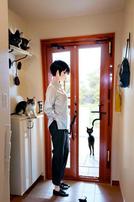 masterpiece, best quality, ultra-detailed, illustration,
genkan, JMG2, door, indoors, scenery, 1girl, tiles, cat, female focus, shirt, pants, tile floor, white shirt, solo, black hair, basket, standing, short hair, window, wide shot, shoes, clothes hanger, animal,
 <lora:JMG:1>