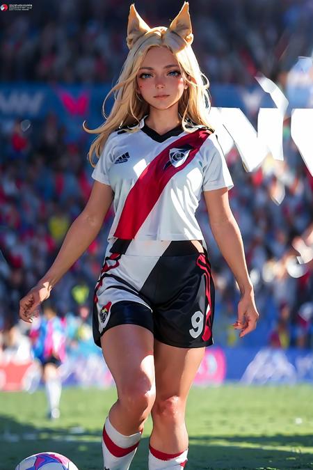 (extremely detailed CG unity 8k wallpaper), (best quality), (ultra-detailed), (best illustration), 1girl, detailed soccer stadium, outdoors, beautiful sunlight, soccer uniform, shorts, socks, soccer,  green field, smiling, (wide hips, large breasts),  long blonde hair, <lyco:riverplate-10:1>, riverplate, <lora:kda_all_out_ahri-000035:0.55>, kda all out ahri, fox ears, ((white uniform, red stripe))