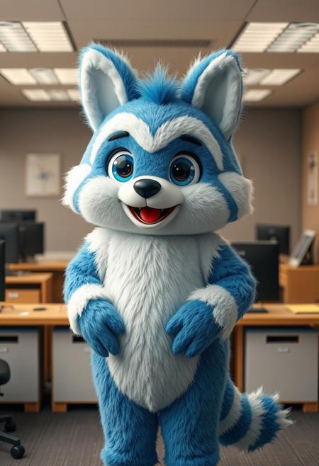 a photorealistic image, 4K, absurdres, amazing quality, hires, Furry Mascot costumed, plushy like, animal ears, standing in office, blue and white fur, cute,