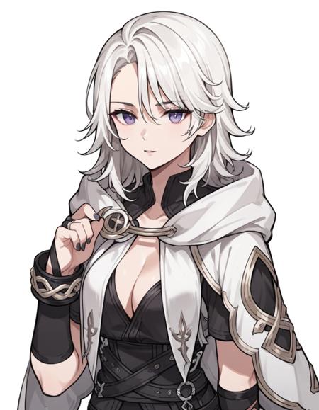 white hair, forehead, swept bangs, hair between eyes, side bangs, violet eyes, black sian costume, white cloak, black arm sleeve, bracelet, cleavage,