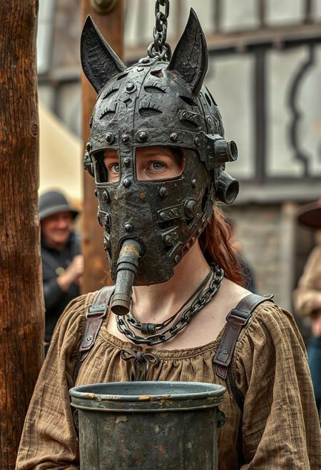 overall wide-angle full height standing view from a distance of 20 metres, a scold's bridle, a women captive ith a very long neck is wearing a medieval close-fitting full face rusty iron bridle in the form of a female head, there are many cut outs and ornately decorative slits and slots in the bridle, the bridle closed in over her face and mouth and eyes, it fits closely to her head and neck like a second skin fully enclosing head and face and neck, the head bridle has two projecting eyepieces in the form of long iron tubes and the iron neck casing is very tall and there is an iron drinking tube coming from the iron panel covering her mouth and iron funnels emanate from her ears, the bridle is fastened with a padlock at the back of her head, (she is wearing a ragged medieval dress and there is a chain running from a ring at the top of her head to a ring on a wooden post:2.0), she is attempting to drink from a cattle trough through her drinking tube, (she has heavy iron bands around both wrists that are linked together with a heavy chain, she has iron bands around each ankle that are linked with a heavy chain:1.7), an unruly crowd is laughing at her,  on a wooden platform at a Renfaire in a mock medieval town square (with a pretentious lord supervising her punishment:2.0)