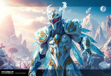 "Explore the dynamic and intricate details of a Frost Monarch, Mobius, standing ready for action amidst a stunning Fallen Paradise backdrop. Adorned with vibrant blue and gold accents against a predominantly white body, the Monarch's red visor adds a striking contrast. The lifelike details and vivid emotions are enhanced with sharp lines, harmonious colors, and a captivating dynamic pose. This stunning matte painting boasts impeccable composition, a well-timed moment, and intentional focus. Found trending on ArtstationHQ, CGSociety, and Behance, this highly detailed 8K masterpiece is a testament to the artist's skill with Octane Render, Unreal Engine 5, and Raphael Style techniques."