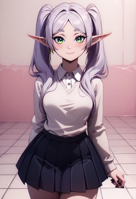 zzFrieren, long hair, twintails, green eyes, grey hair, pointy ears, elf, zzFrieren, long hair, twintails, green eyes, grey hair, pointy ears, elf, shirt, long sleeves, jewelry, earrings, striped, capelet, striped shirt, white skirt, black pantyhose,