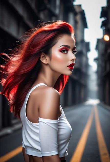 painted world, ((colorful splashes in the shape of a beautiful woman), Pretty 20 year old girl with short white and red hair:: white transparent cotton cropped tank top.. standing in the middle of the road :: looking at viewer :: intense eyes:: vibrant red lipstick:: exotic eye makeup:: Instagram photo:: exciting imagine :: pout :: hands above her head :: extremely detailed, glamorous-photo, She looks very sensual and sexy. Aroused. Perfect Hands. BREAK. Old factory. , flawless, clean, masterpiece, professional artwork, famous artwork, cinematic lighting, cinematic bloom, background focus, ),(((vast darkness))), (surreal environment:1.3), upper body portrait, long colorful hair, 
<lora:Painted World:0.35>  <lora:add-detail-xl:1>
 <lora:KrmnxlV1:1><lora:LCMTurboMix_Euler_A_fix:1.0>