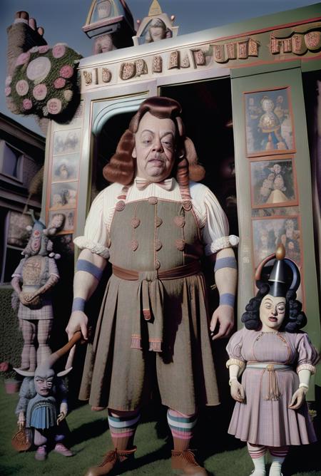 (candid portrait photo of ( dwarf Tim Curry) behind a delicatessen,:1.1)butcher apron,Fujifilm Fujichrome Provia 100F film ,  ,art direction by frank oz and terry gilliam, ANALOG STYLE, closeup,
  80sdarkfantasysd15b,  <lora:15NEIGHBORS:1>   <lora:completeAbsurdity>