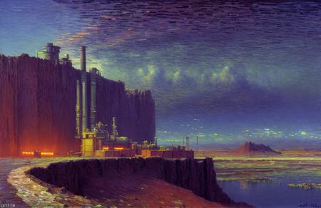 (impressionism:1.15), salt flat, Cliff/Bluff, industrialism, (john harris:1.2), rural, scenery,scene painting,a painting, robot,sky,scenery,industrial pipe,night,no humans, <lora:å·¥ä¸è¸æ±½:0.3>,