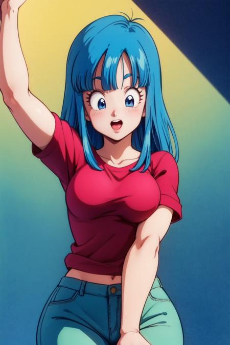 (8k, best quality, masterpiece:1.2), retro artstyle,upper body, maron,blue eyes, aqua hair, blunt bangs, Low crotch pants , Vibrating Sleeve  <lora:maron_v0_5_dadap-000042:1>