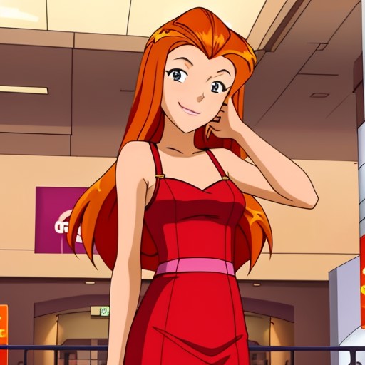 <lora:TotallySpies-18:1>, 1girl, long hair, orange hair, small breasts, smiling, beautiful dress, in a mall