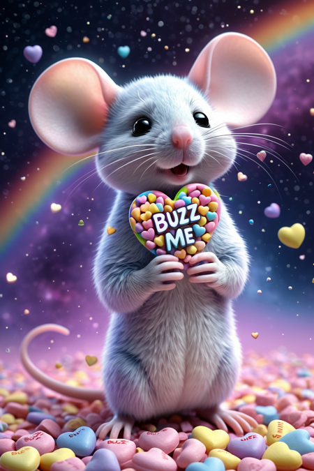 lazympos,a cute mouse made from candyhearts,<lora:lazympos:1>,<lora:crowd_notrigger:0.7>,<lora:add-detail-xl:1>,breathing rainbows,magic,sci fi,energy,text "buzz me",<lora:Candyhearts-15:0.7>,(outer space background) . Professional,modern,masterpiece,super realistic,highly detailed