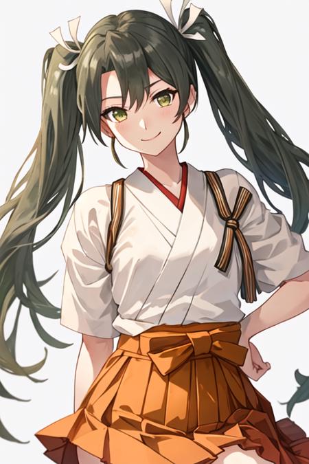 best quality, masterpiece, highres, solo, {zuikaku_kantaicollection:1.15}, long_hair, twintails, ribbon, hair_ribbon, green_hair, green_eyes, smile, white_ribbon, 1girl, japanese_clothes, simple_background, muneate, white_background, looking_at_viewer, upper_body, yellow_eyes, grey_hair, tasuki, hair_between_eyes, hakama, hakama_short_skirt, hakama_skirt, skirt