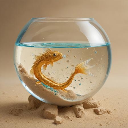 ultra high definition, high impact, professional photograph. A crystal fishbowl, inside a gold fish, looking remarkably like a golden chinese dragon, swims.
iridiscent sand and aquamarine pearls at the botom of the fishbowl
In the background 2 galaxies collide