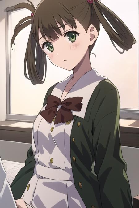 hikarikuroda, <lyco:hikarikuroda-lyco-nochekaiser:1>,
hikari kuroda, bangs, (brown hair:1.5), hair ornament, twintails, (green eyes:1.5), hair bobbles, hair rings,
BREAK school uniform, long sleeves, bow, red bow,
BREAK looking at viewer,
BREAK indoors, classroom,
BREAK <lyco:GoodHands-beta2:1>, (masterpiece:1.2), best quality, high resolution, unity 8k wallpaper, (illustration:0.8), (beautiful detailed eyes:1.6), extremely detailed face, perfect lighting, extremely detailed CG, (perfect hands, perfect anatomy),